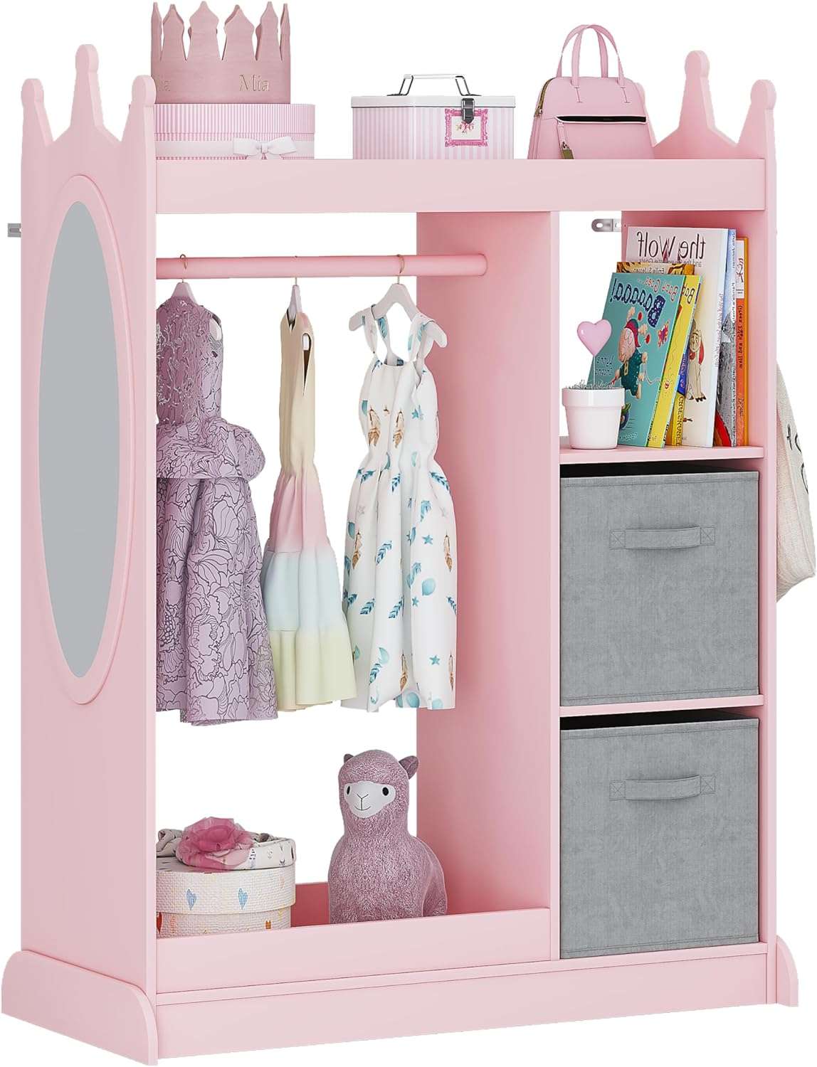 UTEX Kids Armoire Wardrobe Closet with Mirror and Storage Bin, Pink, 33.4 in W x 15.75 in D x 44.5 in H - 1