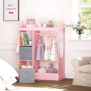 UTEX Kids Armoire Wardrobe Closet with Mirror and Storage Bin, Pink, 33.4 in W x 15.75 in D x 44.5 in H - 2