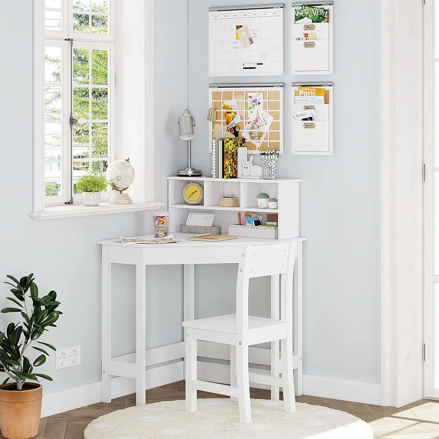 UTEX Kids Desk,Wooden Study Desk with Chair for Children,Writing Desk with Storage and Hutch for Home School Use,White - 2