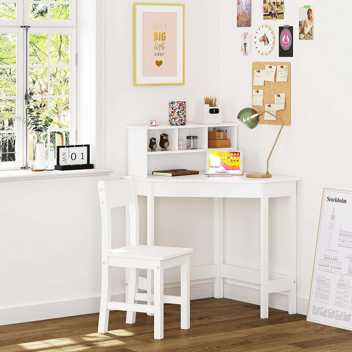 UTEX Kids Desk,Wooden Study Desk with Chair for Children,Writing Desk with Storage and Hutch for Home School Use,White - 3