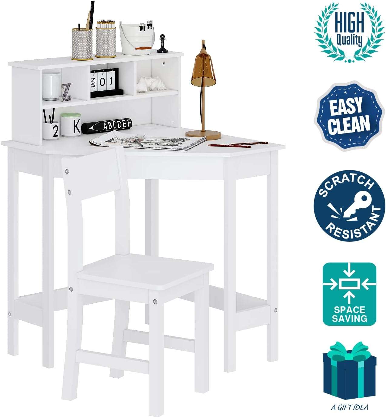 UTEX Kids Desk,Wooden Study Desk with Chair for Children,Writing Desk with Storage and Hutch for Home School Use,White - 4