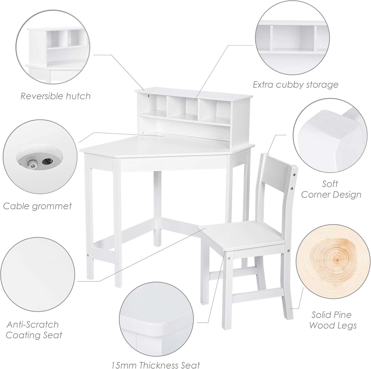 UTEX Kids Desk,Wooden Study Desk with Chair for Children,Writing Desk with Storage and Hutch for Home School Use,White - 5