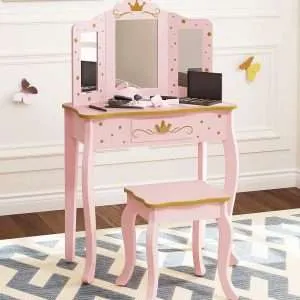 UTEX Pretend Play Kids Vanity Set with Mirror and Stool, Kids Make Up Vanity Desk with Mirrror for Little Girls, Children Makeup Dressing Table with Drawer, Pink - 1