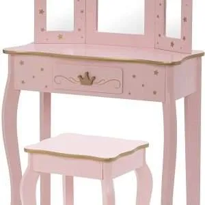 UTEX Pretend Play Kids Vanity Set with Mirror and Stool, Kids Make Up Vanity Desk with Mirrror for Little Girls, Children Makeup Dressing Table with Drawer, Pink - 7