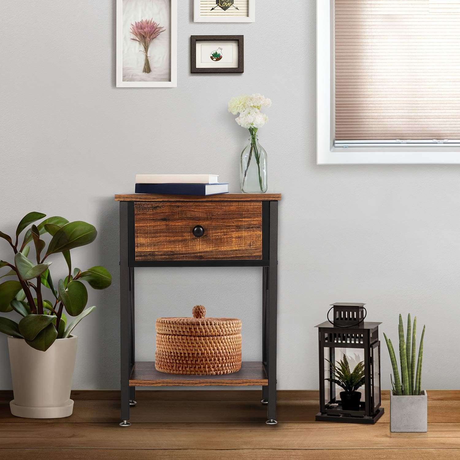 VECELO Modern Versatile Nightstands X-Design Side End Table Night Stand Storage Shelf with Bin Drawer for Living Room Bedroom, Brown+Black - 4