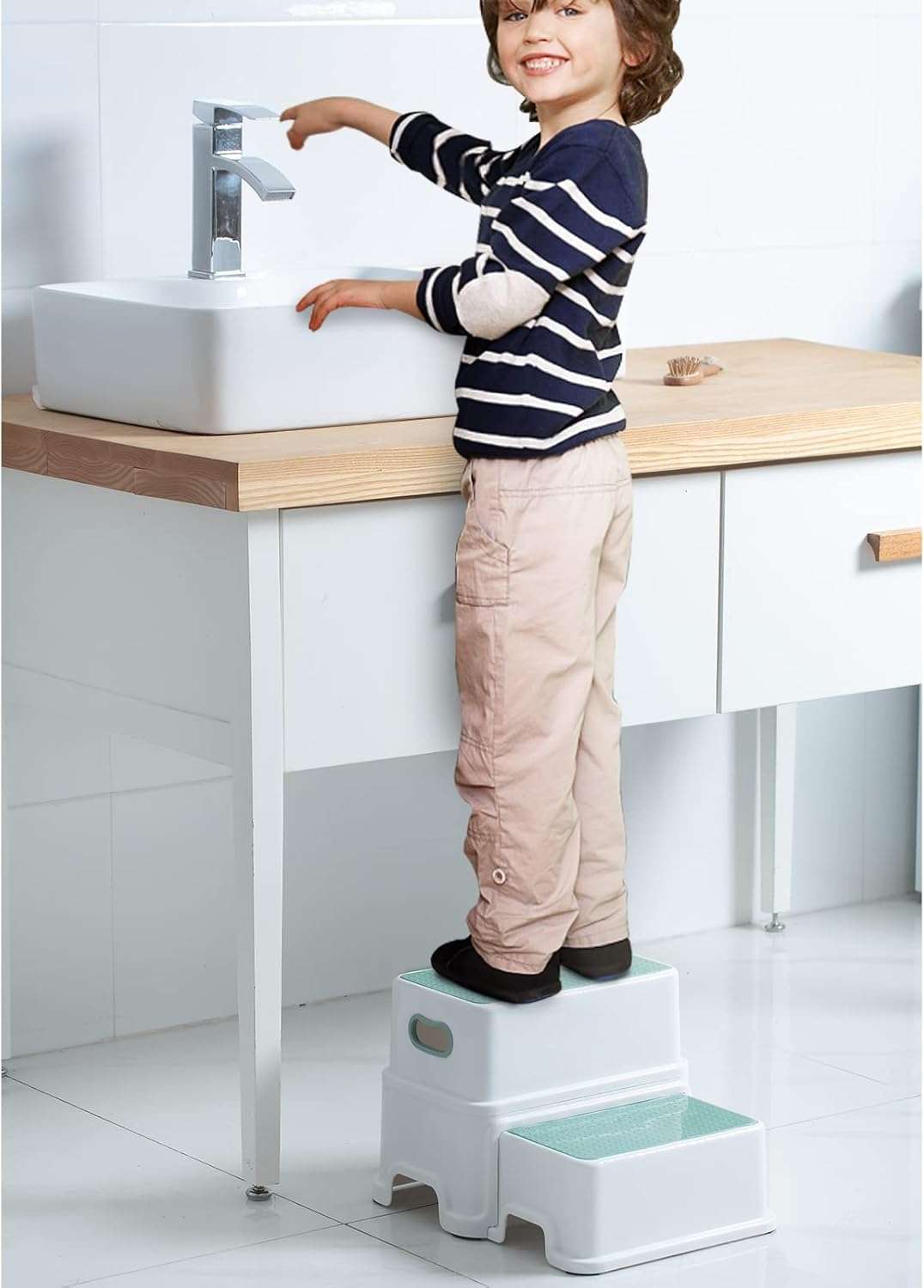 Victostar 2 Step Stool for Kids, Anti-Slip Sturdy Toddler Two Step Stool for Toilet Potty Training, Bathroom,Kitchen (Green-White) - 2