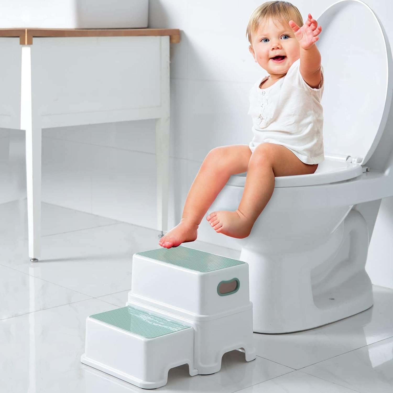 Victostar 2 Step Stool for Kids, Anti-Slip Sturdy Toddler Two Step Stool for Toilet Potty Training, Bathroom,Kitchen (Green-White) - 3