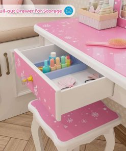 JOYMOR Kids Vanity Set, Wooden Princess Makeup Table with Stool, Tri-Folding Mirror, Large Drawer, Solid Wooden Legs Pretend Beauty Make Up Dressing Play Set for Girls Best Gift (Pink) - 4