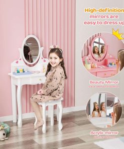 Kids Vanity Set with 3 Drawers and Real Mirror, Princess Vanity Table and Chair Set, Makeup Dressing Table with Rotatable Mirror for Girls - 3