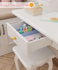 Kids Vanity Set with 3 Drawers and Real Mirror, Princess Vanity Table and Chair Set, Makeup Dressing Table with Rotatable Mirror for Girls - 4