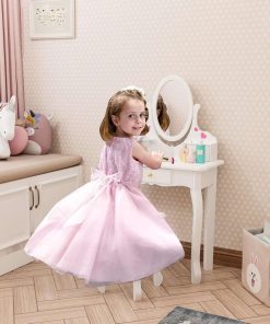 Kids Vanity Set with 3 Drawers and Real Mirror, Princess Vanity Table and Chair Set, Makeup Dressing Table with Rotatable Mirror for Girls - 5