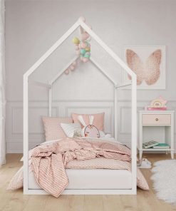 Little Seeds Skyler Montessori-Style House Floor Bed Frame for Kids and Toddlers, Metal Canopy Frame, No Box Spring Required, Twin, Off White - 2