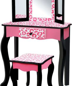 Teamson Kids Leopard Prints Wooden 2-pc. Play Vanity Set with Tri-Fold Mirror, Storage Drawer and Matching Stool to play dress-up, princess or beauty shop, Black-Pink - 1