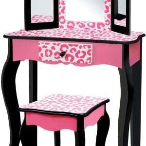 Teamson Kids Leopard Prints Wooden 2-pc. Play Vanity Set with Tri-Fold Mirror, Storage Drawer and Matching Stool to play dress-up, princess or beauty shop, Black-Pink - 1