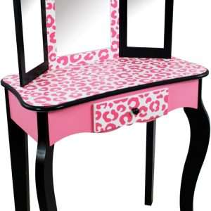 Teamson Kids Leopard Prints Wooden 2-pc. Play Vanity Set with Tri-Fold Mirror, Storage Drawer and Matching Stool to play dress-up, princess or beauty shop, Black-Pink - 2