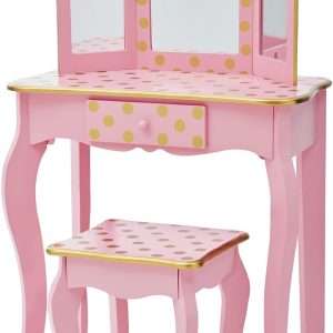 Teamson Kids Pretend Play Kids Vanity, Table & Chair Vanity Set with Mirror, Girls Makeup Dressing Table with Storage Drawer & Polka Dot Print, Gisele Collection, Pink-Gold - 1