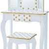 Teamson Kids Princess Gisele Polka Dot Print 2-Piece Kids Wooden Play Vanity Set with Vanity Table, Tri-Fold Mirror, Storage Drawer, and Matching Stool, White with Gold Polka Dot Accent - 1