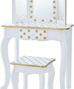 Teamson Kids Princess Gisele Polka Dot Print 2-Piece Kids Wooden Play Vanity Set with Vanity Table, Tri-Fold Mirror, Storage Drawer, and Matching Stool, White with Gold Polka Dot Accent - 1