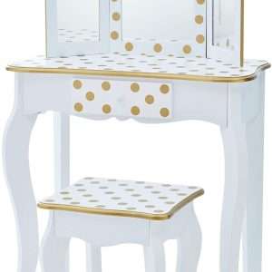Teamson Kids Princess Gisele Polka Dot Print 2-Piece Kids Wooden Play Vanity Set with Vanity Table, Tri-Fold Mirror, Storage Drawer, and Matching Stool, White with Gold Polka Dot Accent - 1