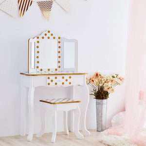 Teamson Kids Princess Gisele Polka Dot Print 2-Piece Kids Wooden Play Vanity Set with Vanity Table, Tri-Fold Mirror, Storage Drawer, and Matching Stool, White with Gold Polka Dot Accent - 2
