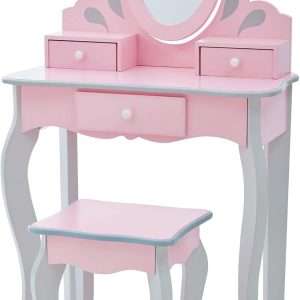 Teamson Kids Princess Rapunzel Wooden 2-pc. Play Vanity Set with Three Storage Drawers, Rotating Oval Mirror and Matching Stool to Play Dress-Up, Princess or Beauty Salon, Pink and Gray - 1