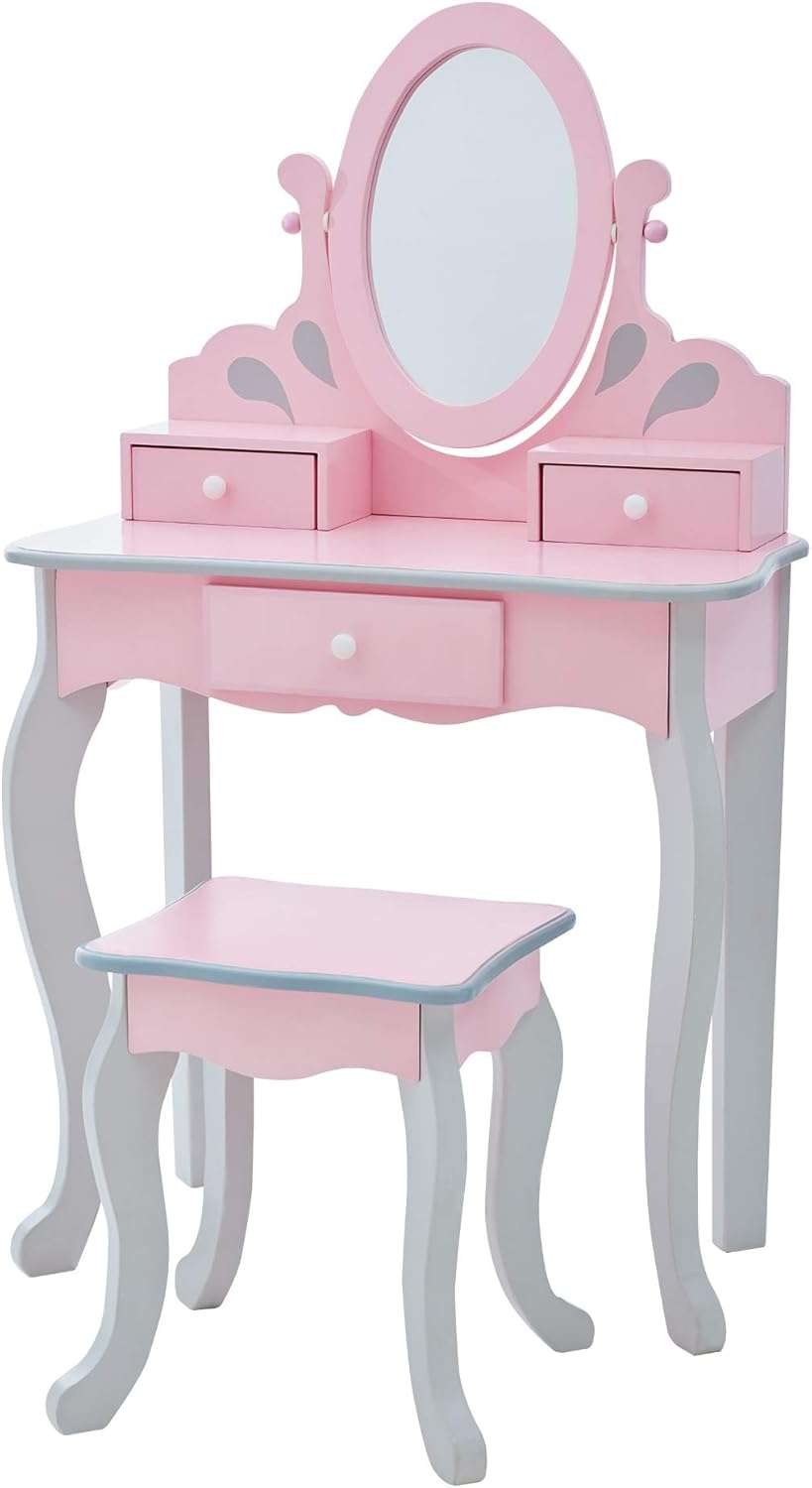 Teamson Kids Princess Rapunzel Wooden 2-pc. Play Vanity Set with Three Storage Drawers, Rotating Oval Mirror and Matching Stool to Play Dress-Up, Princess or Beauty Salon, Pink and Gray - 1