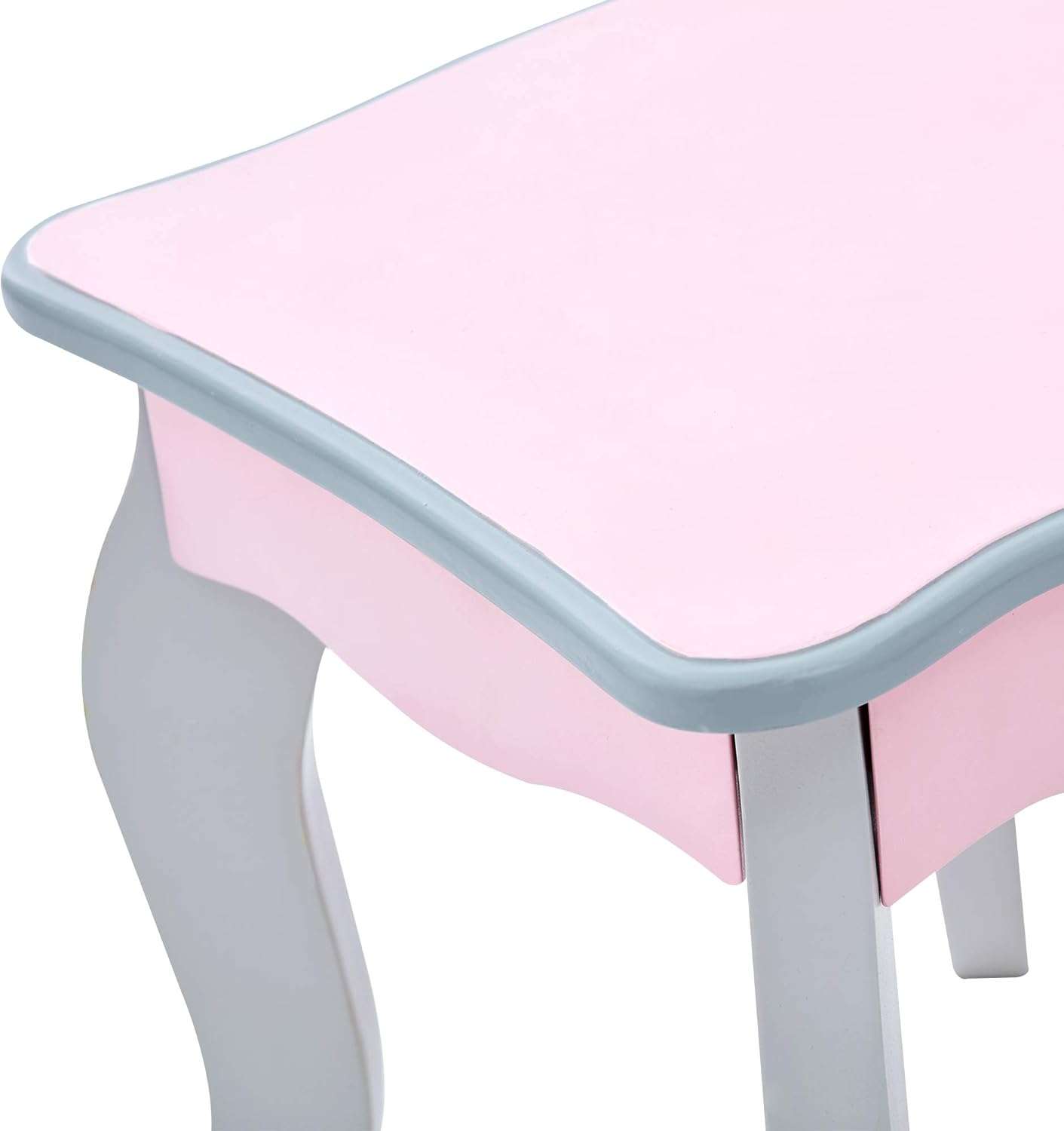 Teamson Kids Princess Rapunzel Wooden 2-pc. Play Vanity Set with Three Storage Drawers, Rotating Oval Mirror and Matching Stool to Play Dress-Up, Princess or Beauty Salon, Pink and Gray - 2