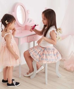 Teamson Kids Princess Rapunzel Wooden 2-pc. Play Vanity Set with Three Storage Drawers, Rotating Oval Mirror and Matching Stool to Play Dress-Up, Princess or Beauty Salon, Pink and Gray - 3
