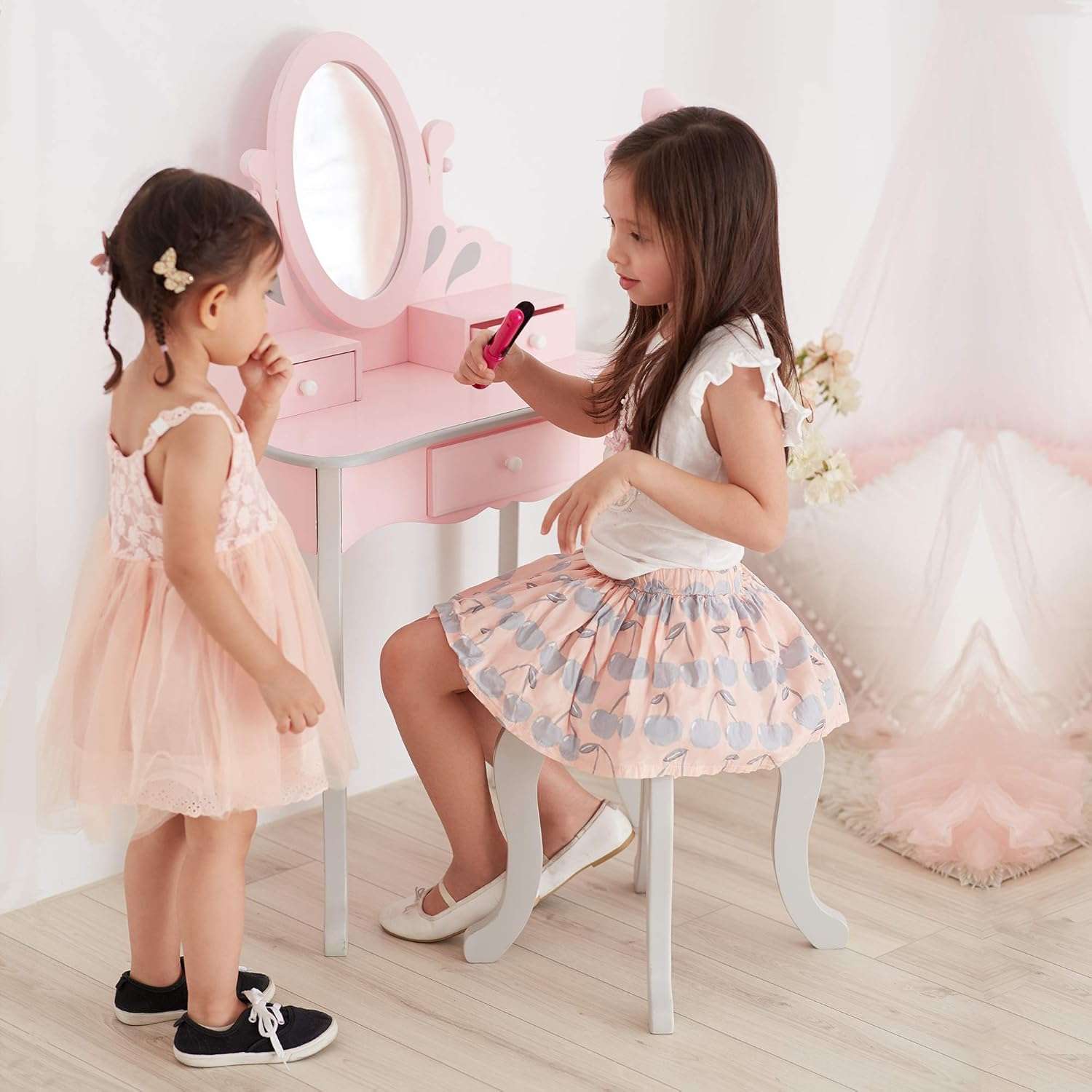 Teamson Kids Princess Rapunzel Wooden 2-pc. Play Vanity Set with Three Storage Drawers, Rotating Oval Mirror and Matching Stool to Play Dress-Up, Princess or Beauty Salon, Pink and Gray - 3