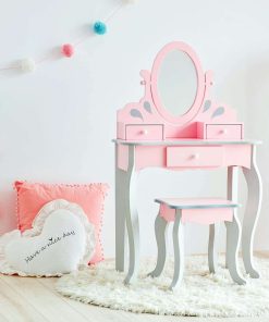 Teamson Kids Princess Rapunzel Wooden 2-pc. Play Vanity Set with Three Storage Drawers, Rotating Oval Mirror and Matching Stool to Play Dress-Up, Princess or Beauty Salon, Pink and Gray - 4