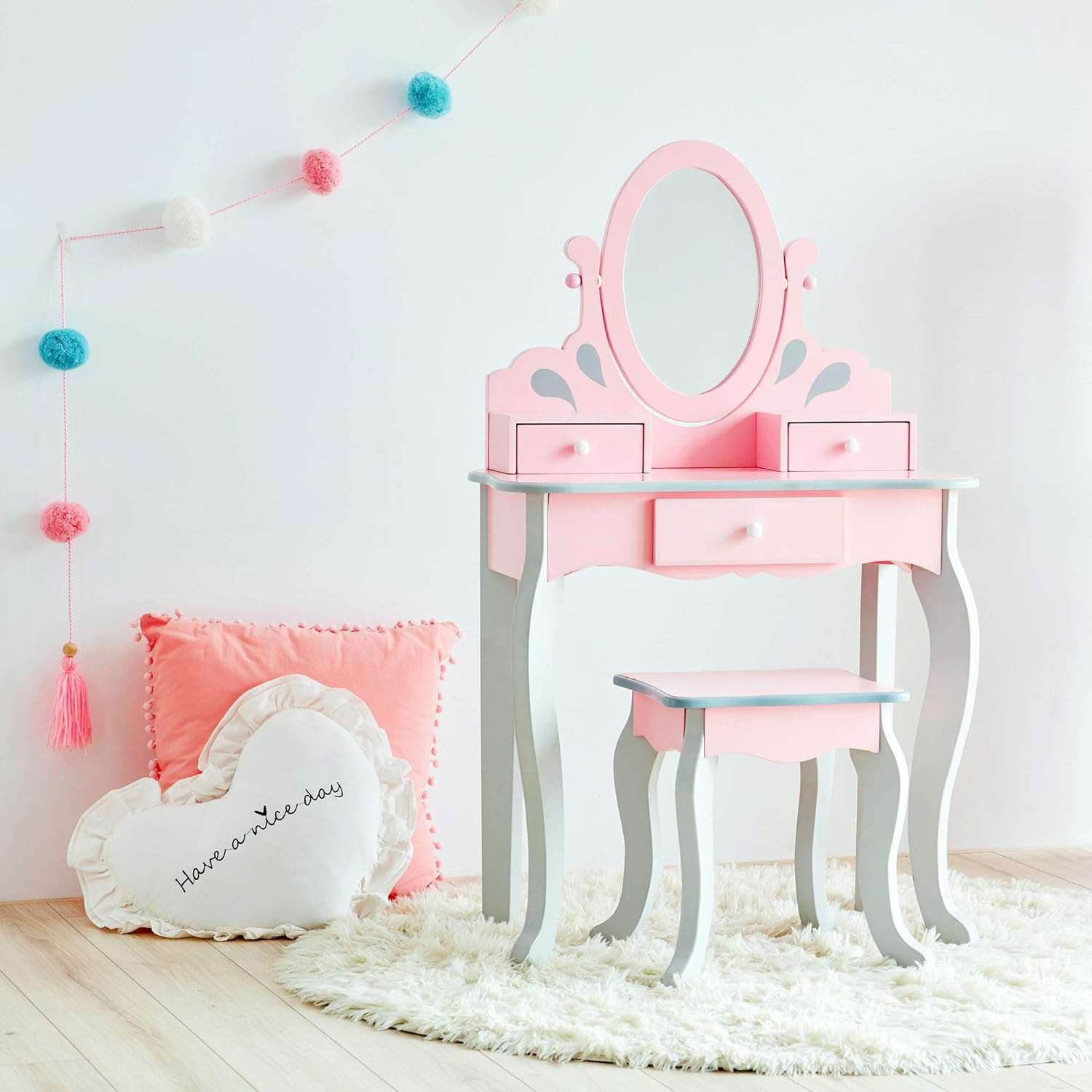 Teamson Kids Princess Rapunzel Wooden 2-pc. Play Vanity Set with Three Storage Drawers, Rotating Oval Mirror and Matching Stool to Play Dress-Up, Princess or Beauty Salon, Pink and Gray - 4