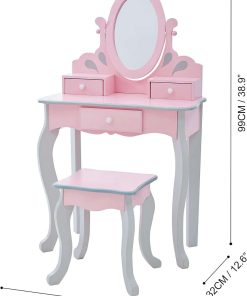 Teamson Kids Princess Rapunzel Wooden 2-pc. Play Vanity Set with Three Storage Drawers, Rotating Oval Mirror and Matching Stool to Play Dress-Up, Princess or Beauty Salon, Pink and Gray - 5