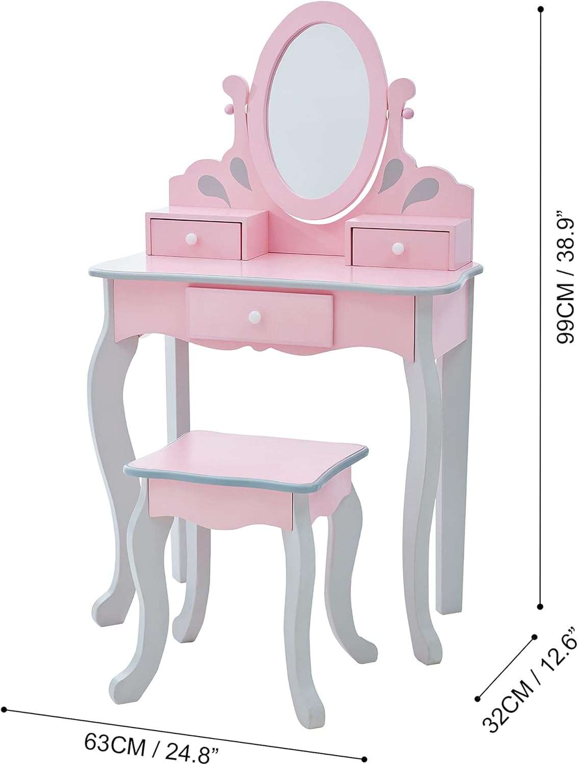 Teamson Kids Princess Rapunzel Wooden 2-pc. Play Vanity Set with Three Storage Drawers, Rotating Oval Mirror and Matching Stool to Play Dress-Up, Princess or Beauty Salon, Pink and Gray - 5