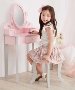 Teamson Kids Princess Rapunzel Wooden 2-pc. Play Vanity Set with Three Storage Drawers, Rotating Oval Mirror and Matching Stool to Play Dress-Up, Princess or Beauty Salon, Pink and Gray - 6