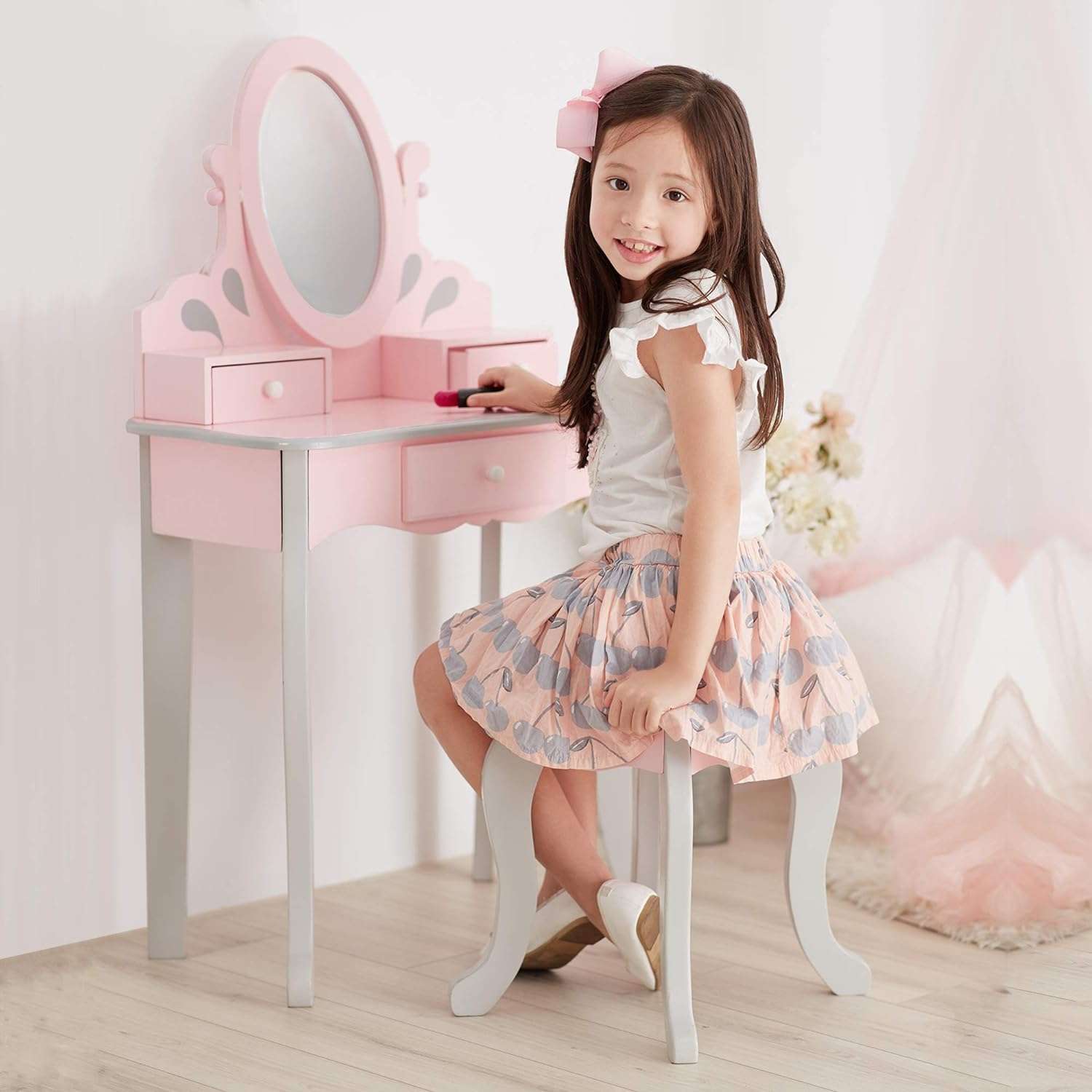 Teamson Kids Princess Rapunzel Wooden 2-pc. Play Vanity Set with Three Storage Drawers, Rotating Oval Mirror and Matching Stool to Play Dress-Up, Princess or Beauty Salon, Pink and Gray - 6