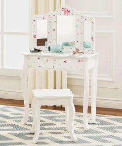 UTEX Pretend Play Kids Vanity Table and Chair Vanity Set with Mirror Makeup Dressing Table with Drawer, Play Vanity Set,White - 1