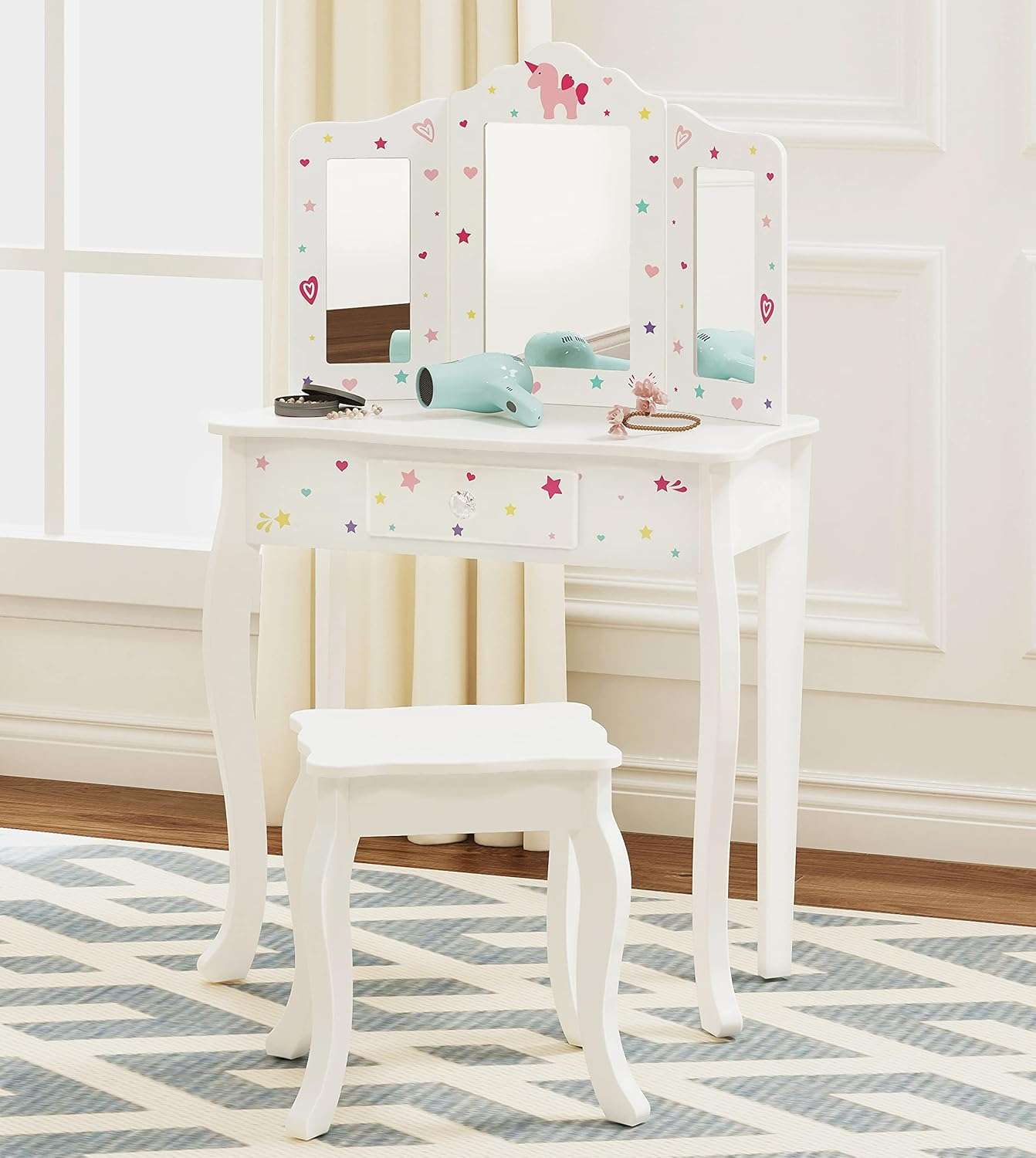 UTEX Pretend Play Kids Vanity Table and Chair Vanity Set with Mirror Makeup Dressing Table with Drawer, Play Vanity Set,White - 1