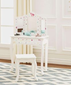 UTEX Pretend Play Kids Vanity Table and Chair Vanity Set with Mirror Makeup Dressing Table with Drawer, Play Vanity Set,White - 2