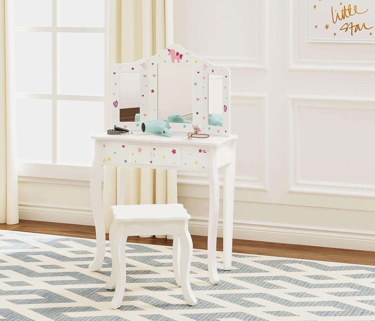 UTEX Pretend Play Kids Vanity Table and Chair Vanity Set with Mirror Makeup Dressing Table with Drawer, Play Vanity Set,White - 2