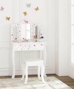 UTEX Pretend Play Kids Vanity Table and Chair Vanity Set with Mirror Makeup Dressing Table with Drawer, Play Vanity Set,White - 3