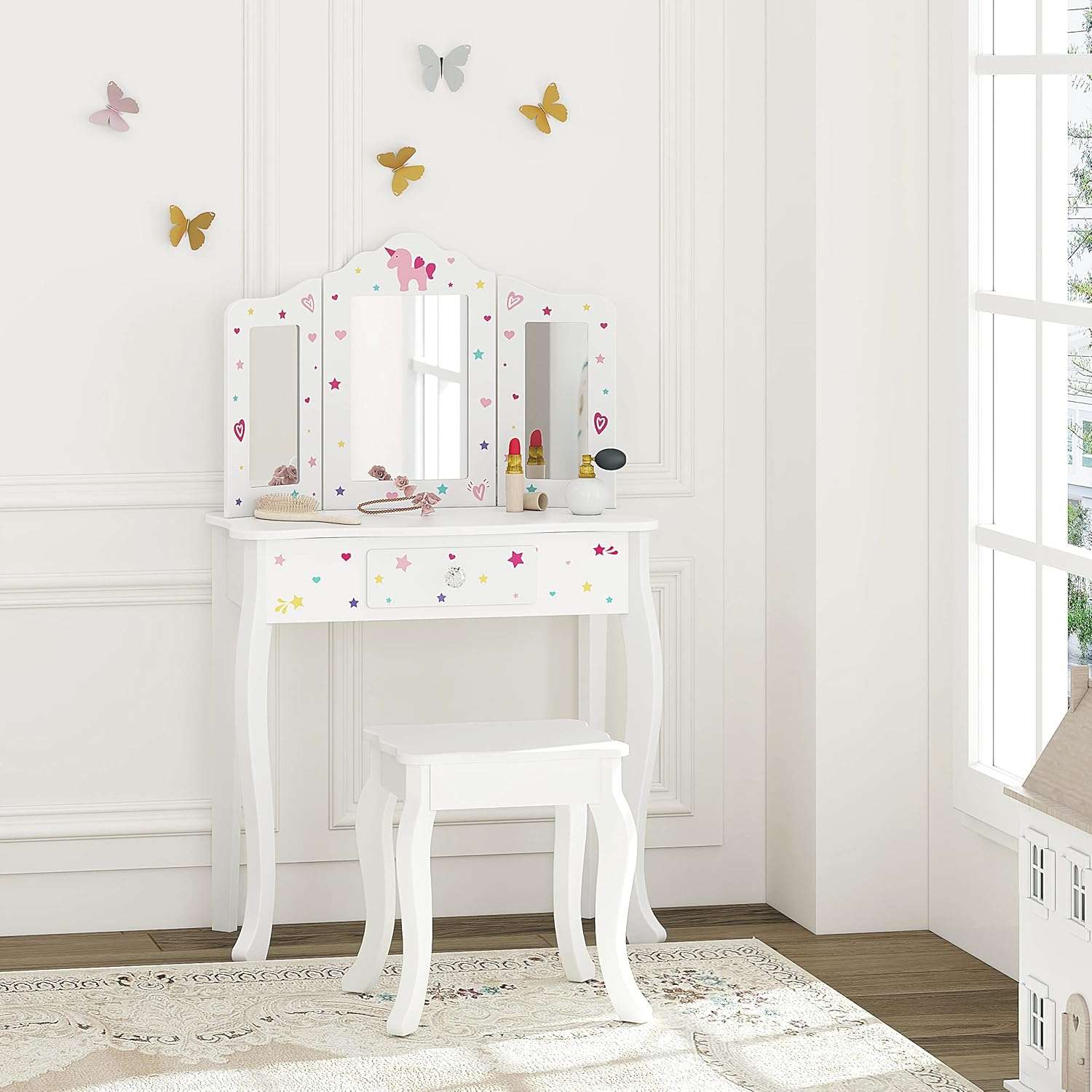 UTEX Pretend Play Kids Vanity Table and Chair Vanity Set with Mirror Makeup Dressing Table with Drawer, Play Vanity Set,White - 3