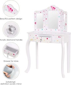 UTEX Pretend Play Kids Vanity Table and Chair Vanity Set with Mirror Makeup Dressing Table with Drawer, Play Vanity Set,White - 4