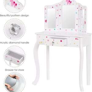 UTEX Pretend Play Kids Vanity Table and Chair Vanity Set with Mirror Makeup Dressing Table with Drawer, Play Vanity Set,White - 4