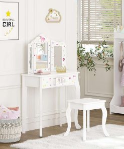 UTEX Pretend Play Kids Vanity Table and Chair Vanity Set with Mirror Makeup Dressing Table with Drawer, Play Vanity Set,White - 5