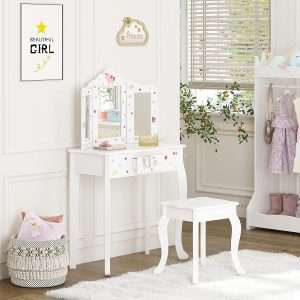 UTEX Pretend Play Kids Vanity Table and Chair Vanity Set with Mirror Makeup Dressing Table with Drawer, Play Vanity Set,White - 5