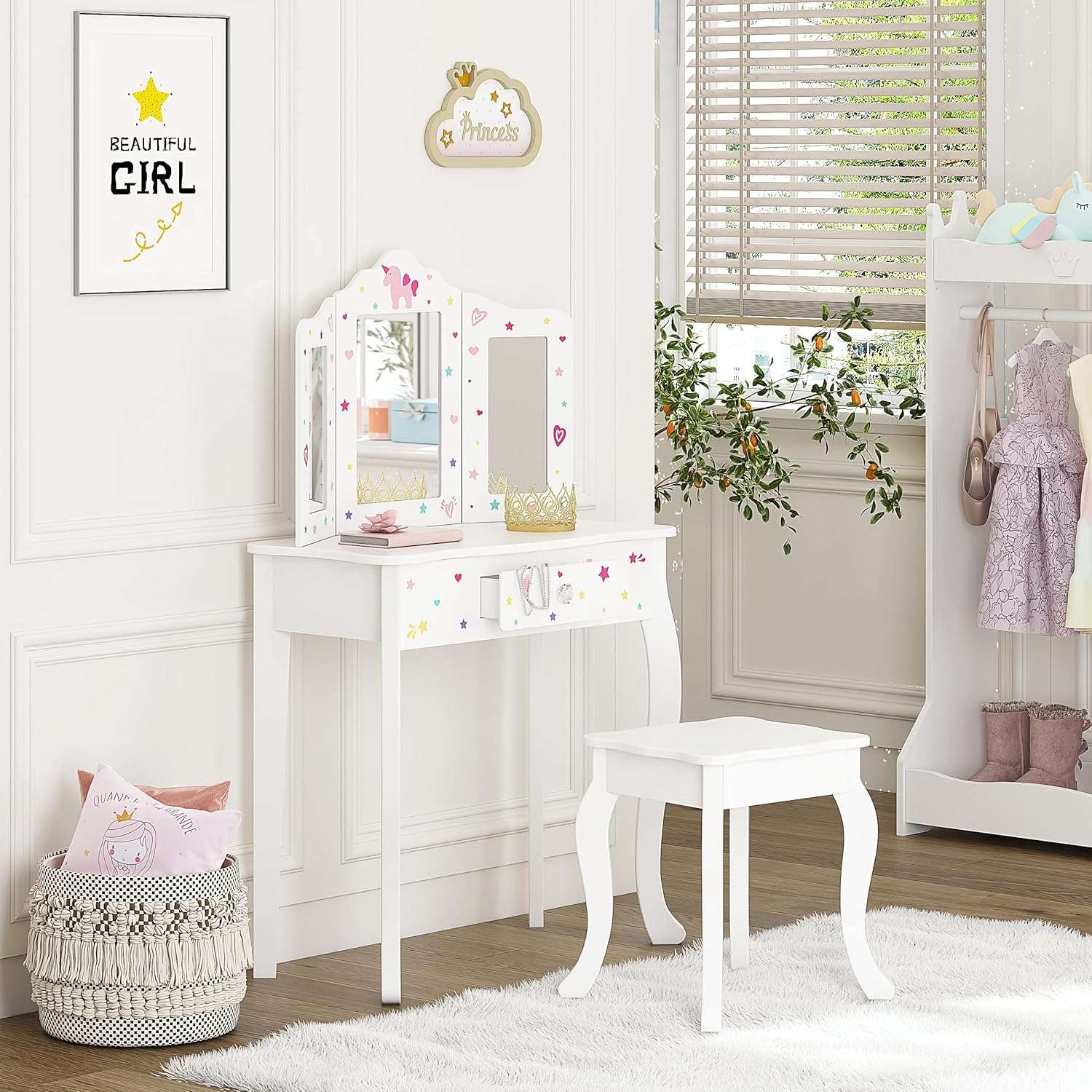 UTEX Pretend Play Kids Vanity Table and Chair Vanity Set with Mirror Makeup Dressing Table with Drawer, Play Vanity Set,White - 5