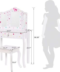 UTEX Pretend Play Kids Vanity Table and Chair Vanity Set with Mirror Makeup Dressing Table with Drawer, Play Vanity Set,White - 6