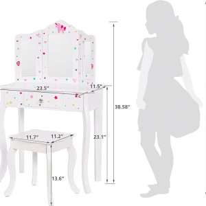 UTEX Pretend Play Kids Vanity Table and Chair Vanity Set with Mirror Makeup Dressing Table with Drawer, Play Vanity Set,White - 6