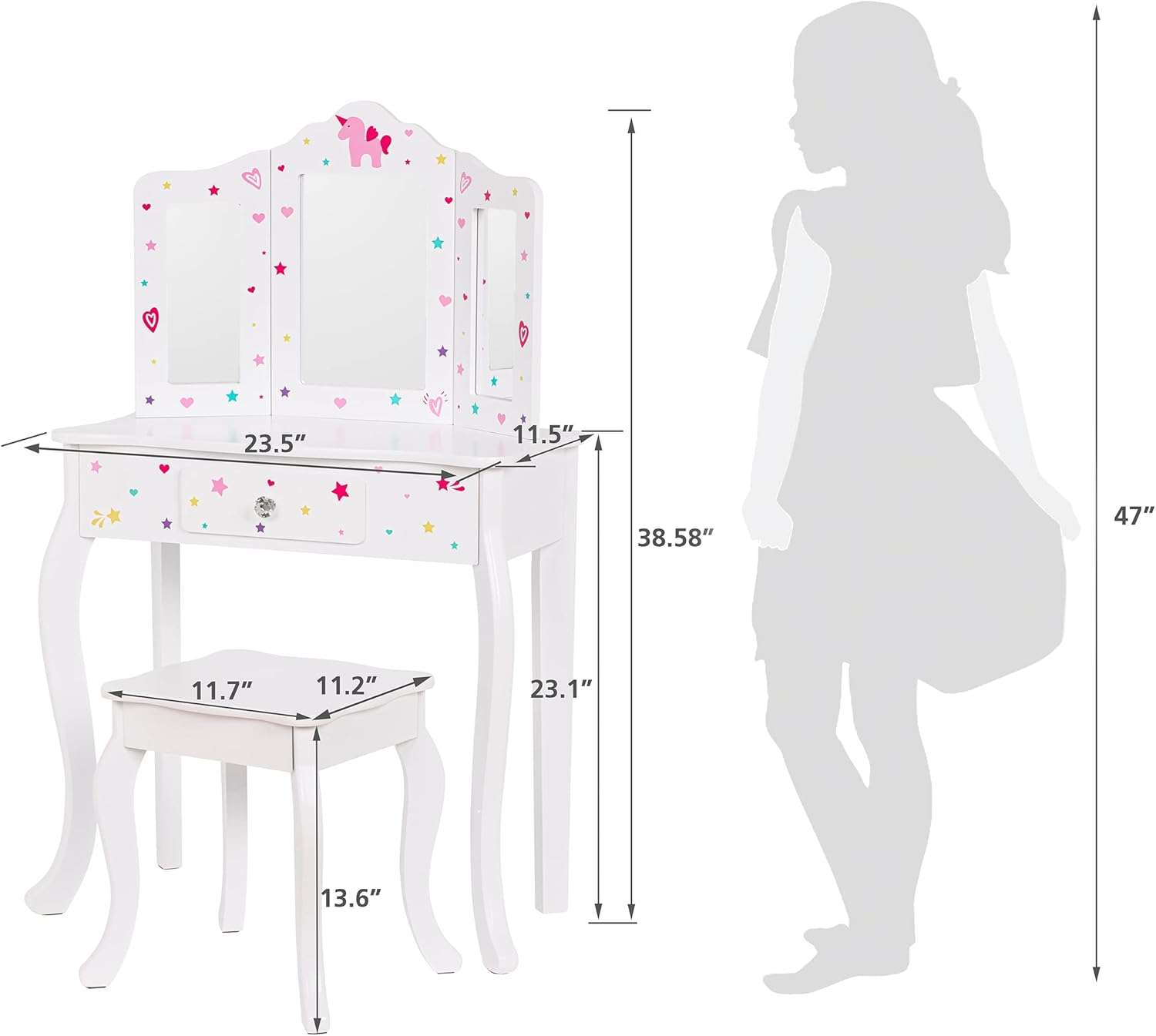UTEX Pretend Play Kids Vanity Table and Chair Vanity Set with Mirror Makeup Dressing Table with Drawer, Play Vanity Set,White - 6