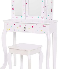 UTEX Pretend Play Kids Vanity Table and Chair Vanity Set with Mirror Makeup Dressing Table with Drawer, Play Vanity Set,White - 7